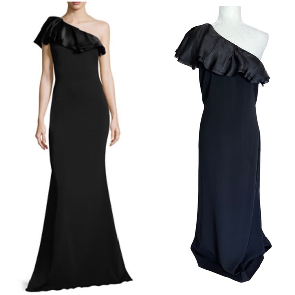 Badgley Mischka One-Shoulder Ruffle Mermaid Gown Black